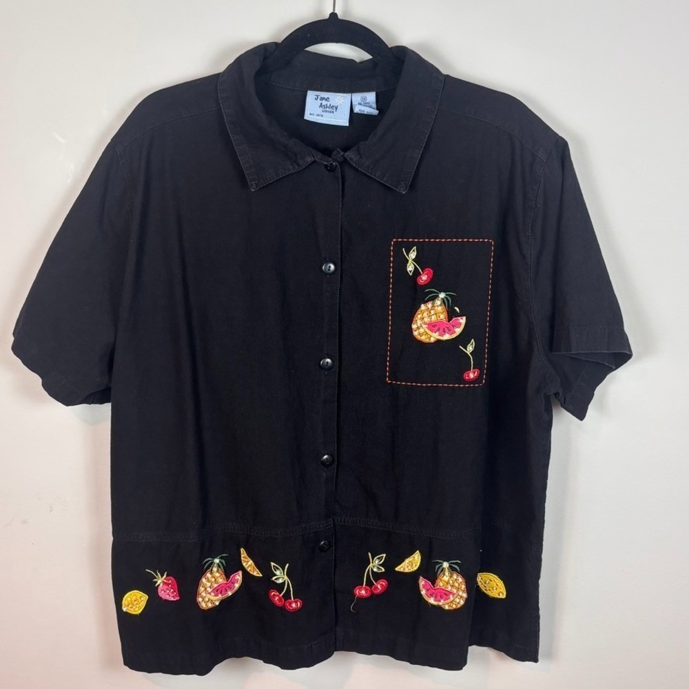 Jane Ashley Womens Cotton Black Embroidered Sequin Fruit Pattern Button up sz 1X